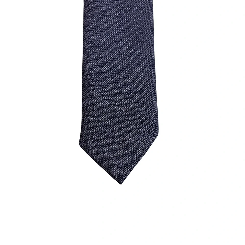 Vintage Navy Blue Skinny Necktie Textured Poly Rayon Blend Slim Tie 54 Inch